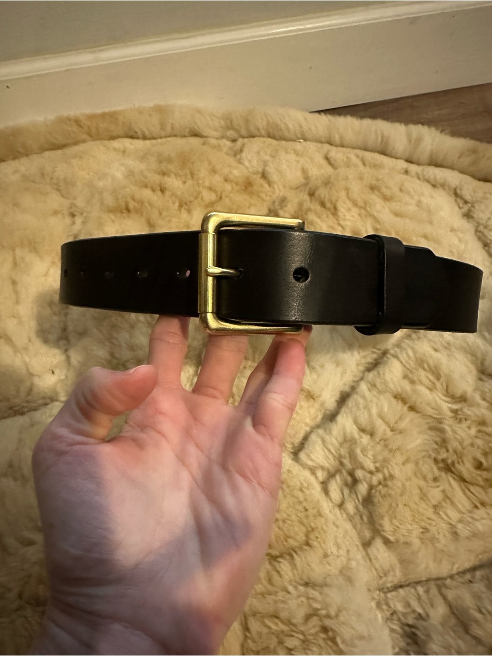 Women's Black Leather Belt with Gold Buckle
